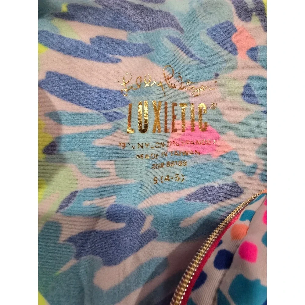 Lilly Pulitzer Girl Luxletic Rash Guard Swim Top Blue Pink Floral Zip  S 4-5